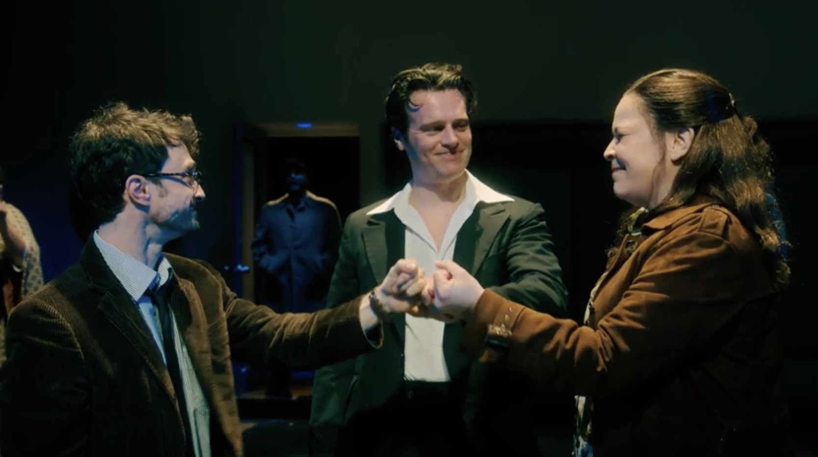 Daniel Radcliffe, Jonathan Groff and Lindsay Mendez in 'Merrily We Roll Along,' in theaters now. 